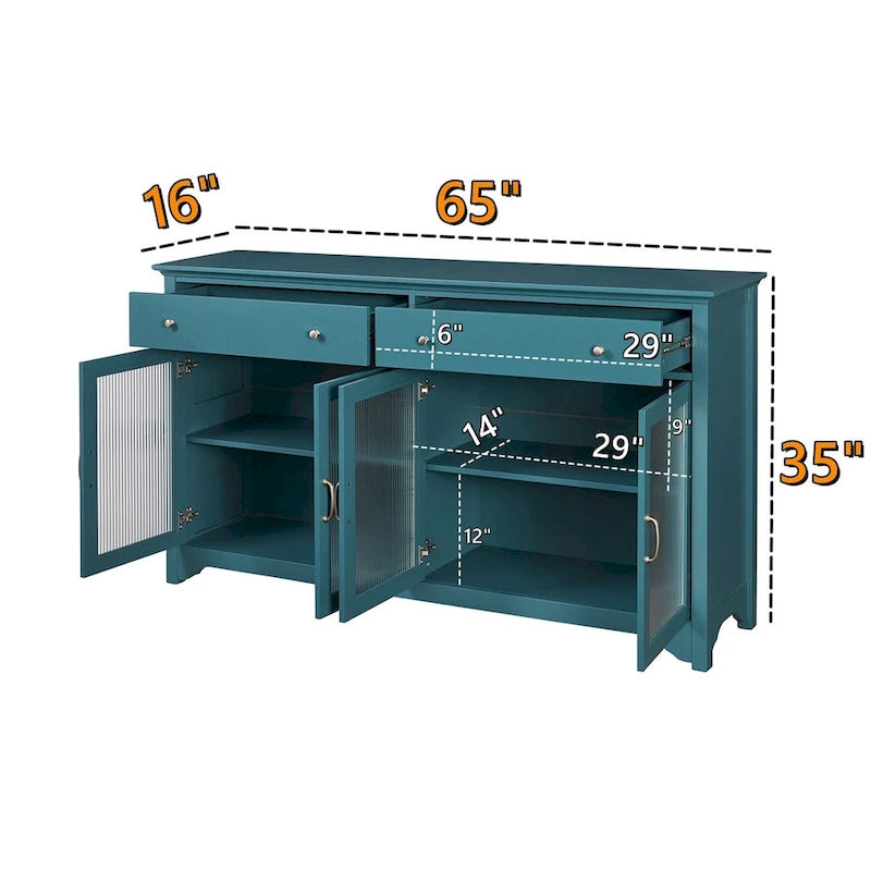 Buffet en verre cannelé bleu sarcelle avec 2 armoires et 2 tiroirs, assemblage 1 personne