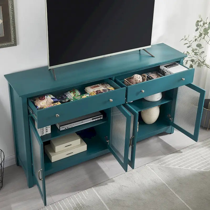Buffet en verre cannelé bleu sarcelle avec 2 armoires et 2 tiroirs, assemblage 1 personne
