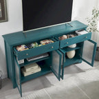 Buffet en verre cannelé bleu sarcelle avec 2 armoires et 2 tiroirs, assemblage 1 personne
