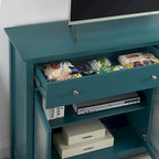 Buffet en verre cannelé bleu sarcelle avec 2 armoires et 2 tiroirs, assemblage 1 personne