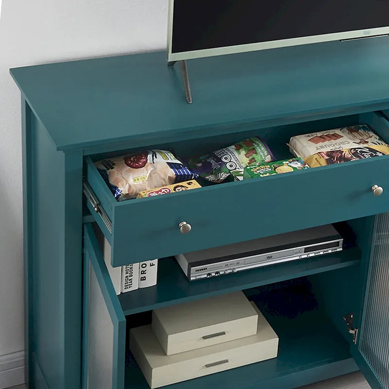 Buffet en verre cannelé bleu sarcelle avec 2 armoires et 2 tiroirs, assemblage 1 personne