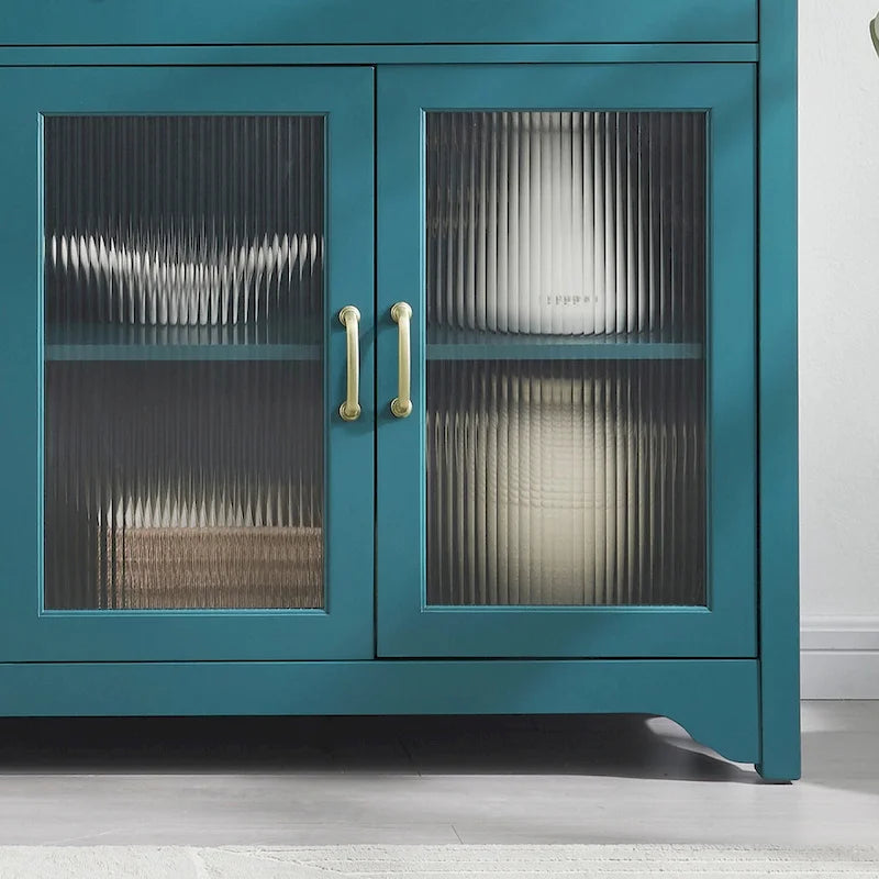 Buffet en verre cannelé bleu sarcelle avec 2 armoires et 2 tiroirs, assemblage 1 personne