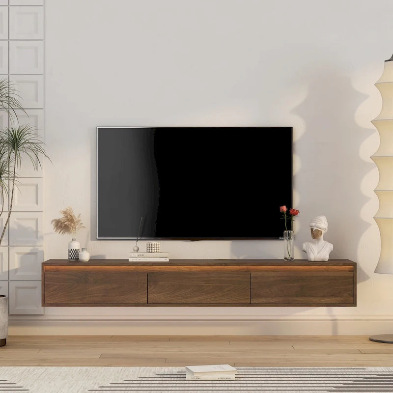 Meuble TV flottant en bois avec lumières LED et rangement – 1 unité