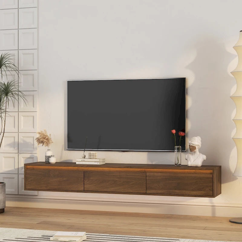 Meuble TV flottant en bois avec lumières LED et rangement – 1 unité