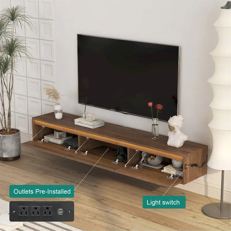 Meuble TV flottant en bois avec lumières LED et rangement – 1 unité