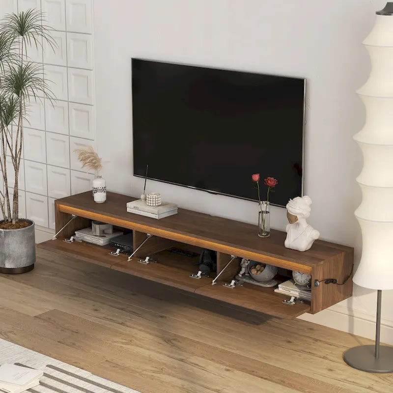 Meuble TV flottant en bois avec lumières LED et rangement – 1 unité