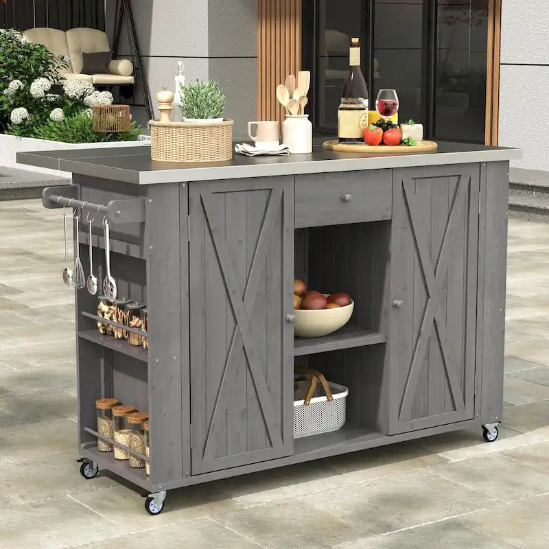 Îlot de cuisine extérieur - Naturel / Gris / Noir, Bois + Acier inoxydable, 1 personne