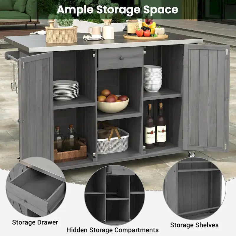 Îlot de cuisine extérieur - Naturel / Gris / Noir, Bois + Acier inoxydable, 1 personne