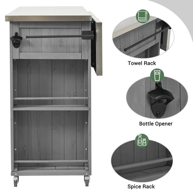 Îlot de cuisine extérieur - Naturel / Gris / Noir, Bois + Acier inoxydable, 1 personne