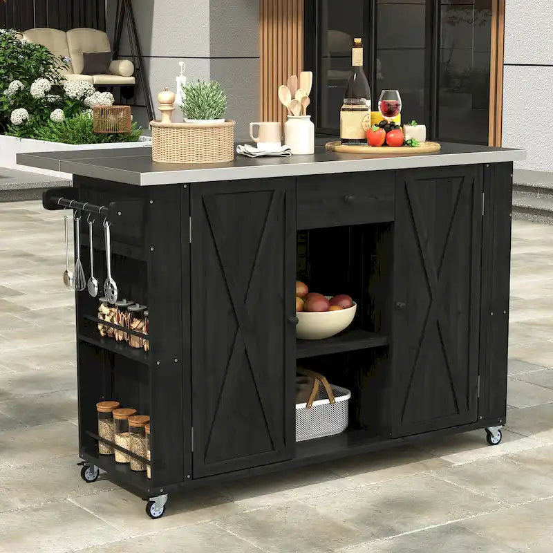 Îlot de cuisine extérieur - Naturel / Gris / Noir, Bois + Acier inoxydable, 1 personne