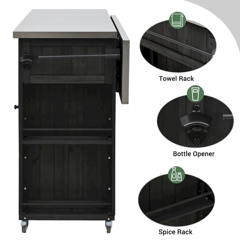 Îlot de cuisine extérieur - Naturel / Gris / Noir, Bois + Acier inoxydable, 1 personne