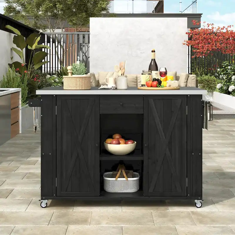 Îlot de cuisine extérieur - Naturel / Gris / Noir, Bois + Acier inoxydable, 1 personne