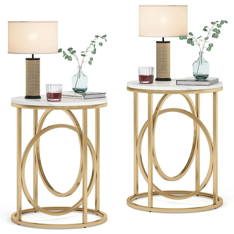 Table d'appoint ronde, blanc/doré et marron/noir, cadre métallique, 1 ou 2 pièces