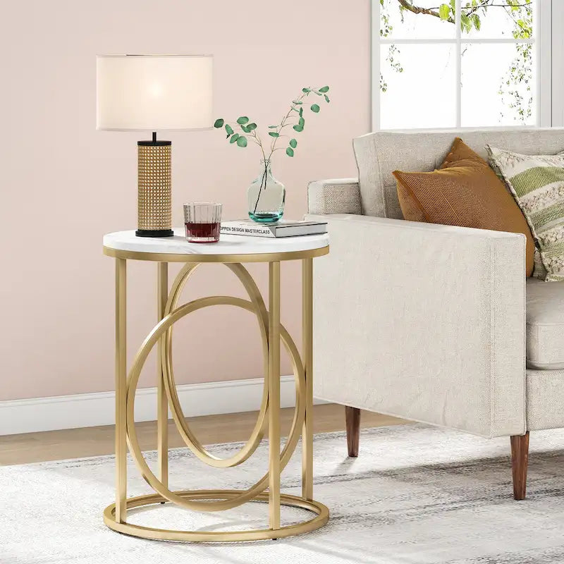 Table d'appoint ronde, blanc/doré et marron/noir, cadre métallique, 1 ou 2 pièces