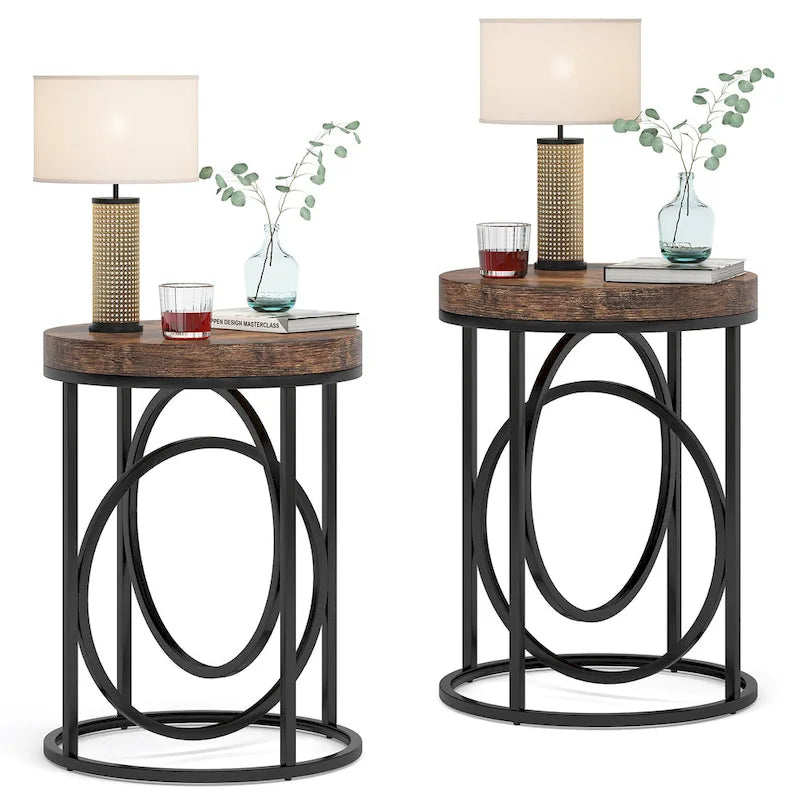 Table d'appoint ronde, blanc/doré et marron/noir, cadre métallique, 1 ou 2 pièces