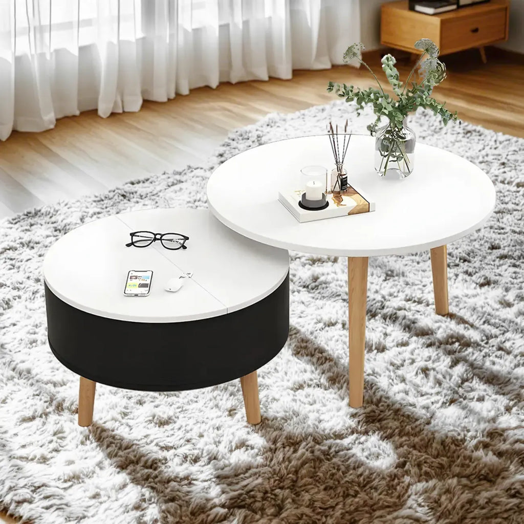 Table basse ronde moderne en bois noir et blanc avec rangement