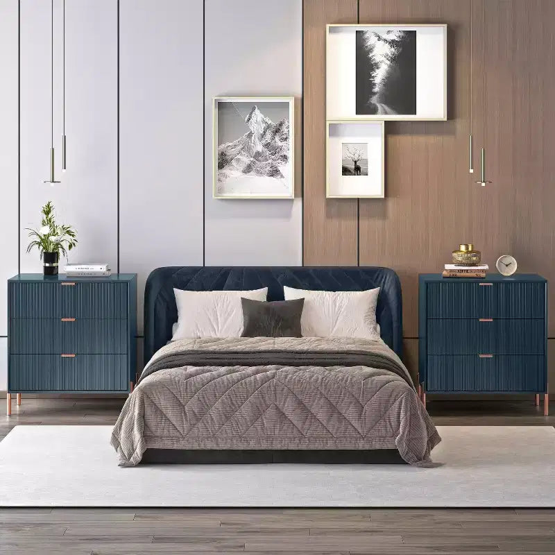 Festivo Lot de 2 tables de chevet à 3 tiroirs Style élégance moderne Bleu marine