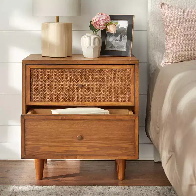 Lifestorey Maxwell Chevet Mid-Century Moderne 2 Tiroirs Rotin Naturel/Chêne Blond