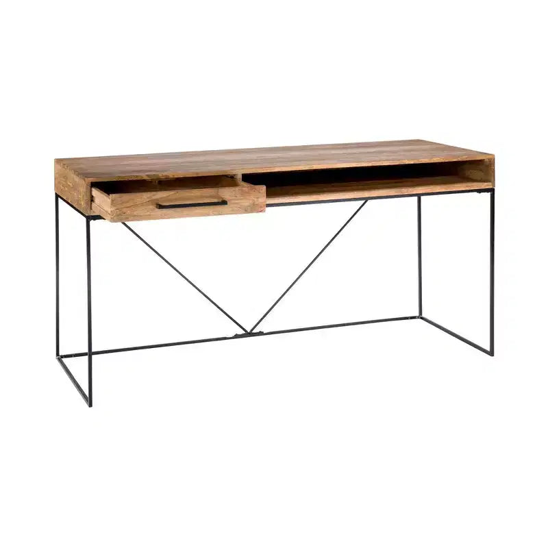 Bureau Allensworth naturel - Alder Bay : Bois de manguier massif, cadre en fer, mobilier de bureau moderne avec étagère et tiroir