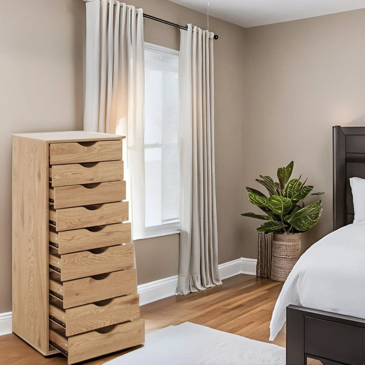 Étroite commode en bois à 9 tiroirs coulissants et étagère de rangement supérieure