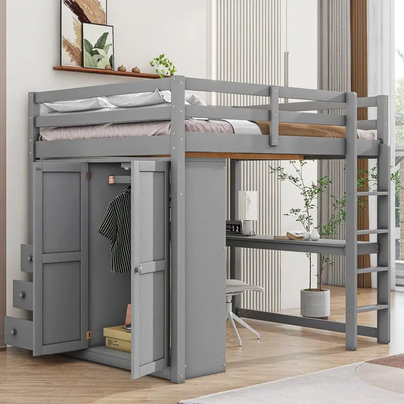 Lit mezzanine en bois pleine grandeur avec armoire intégrée, bureau, étagères de rangement et tiroirs