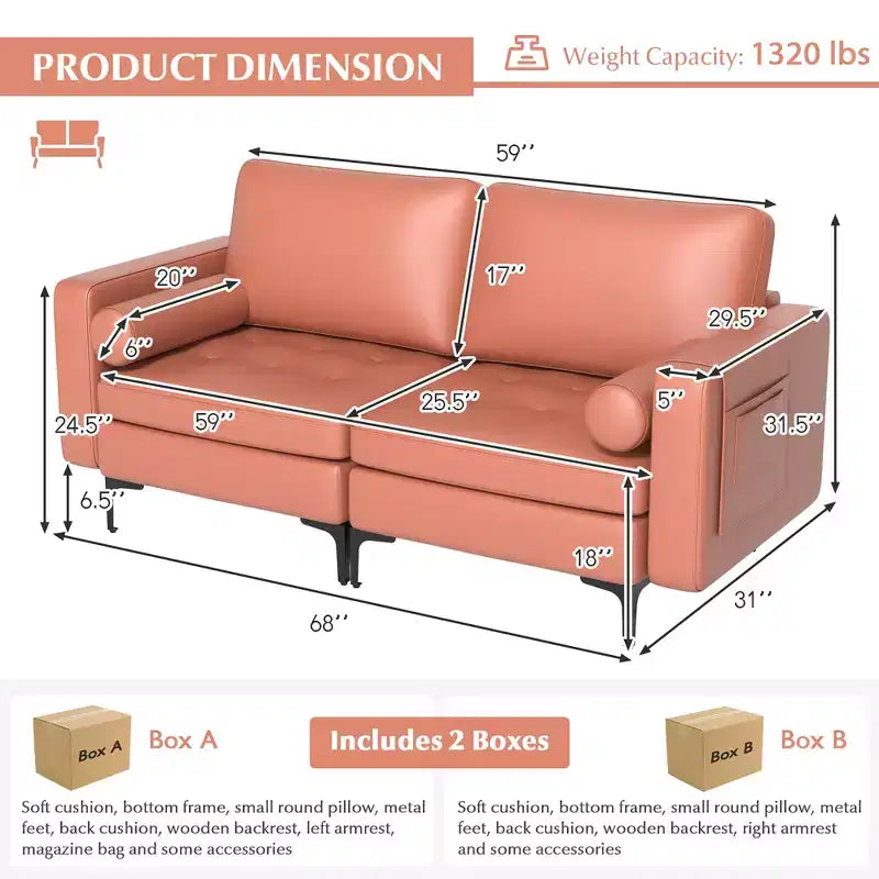 Costway Causeuse moderne 2 places avec 2 traversins et poches de rangement latérales Gris/Rouge