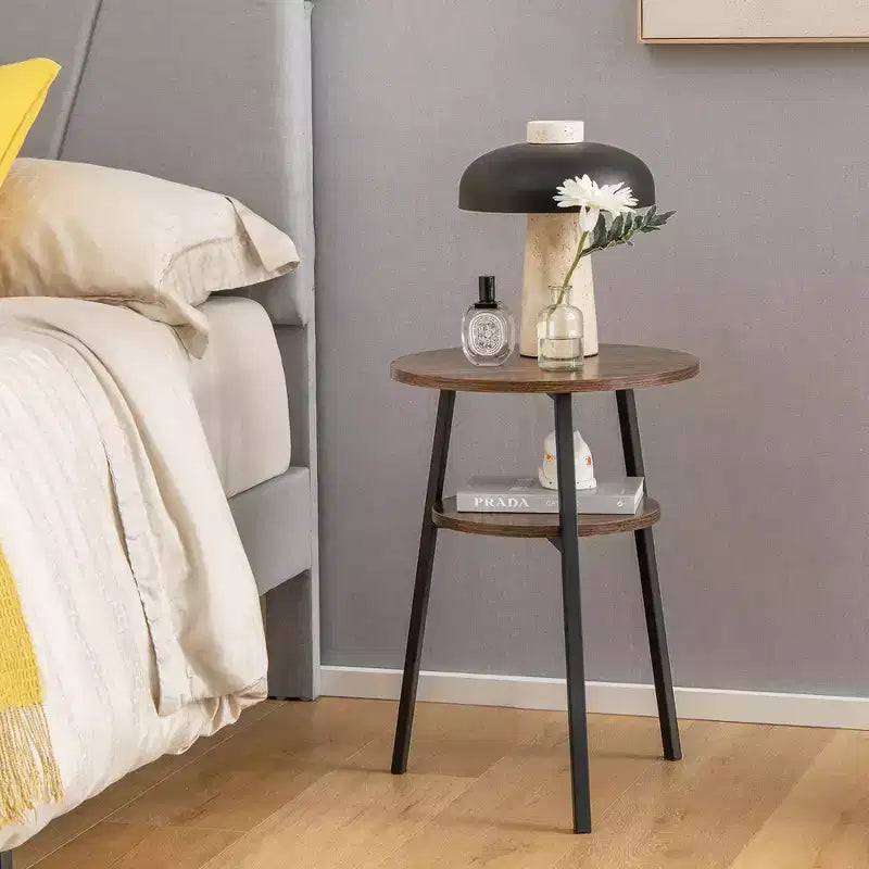 Costway Lot de 2 tables de chevet rondes à 2 niveaux pour chambre à coucher et salon, marron/noyer