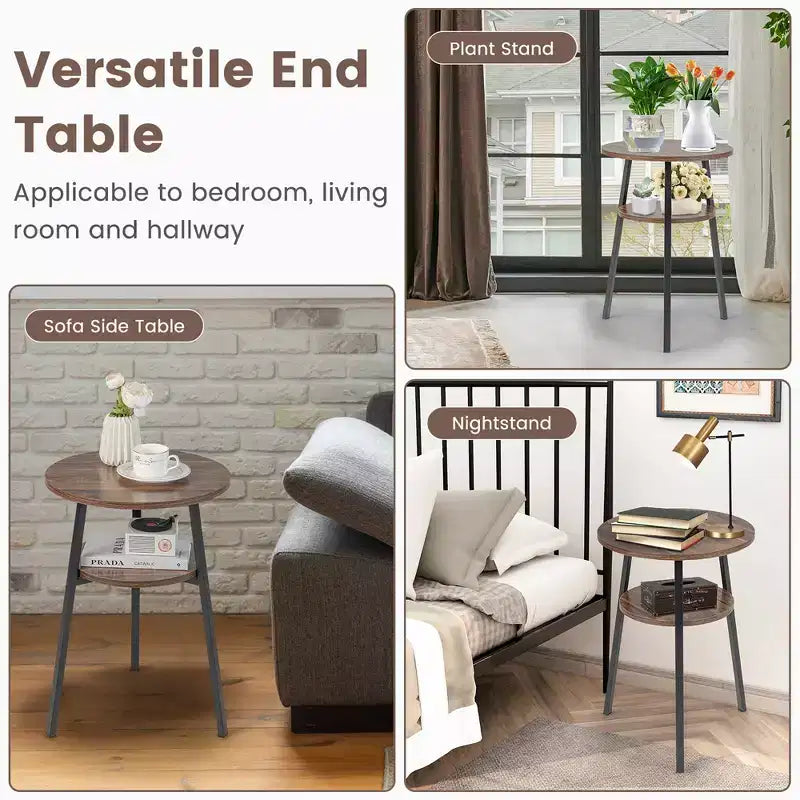 Costway Lot de 2 tables de chevet rondes à 2 niveaux pour chambre à coucher et salon, marron/noyer