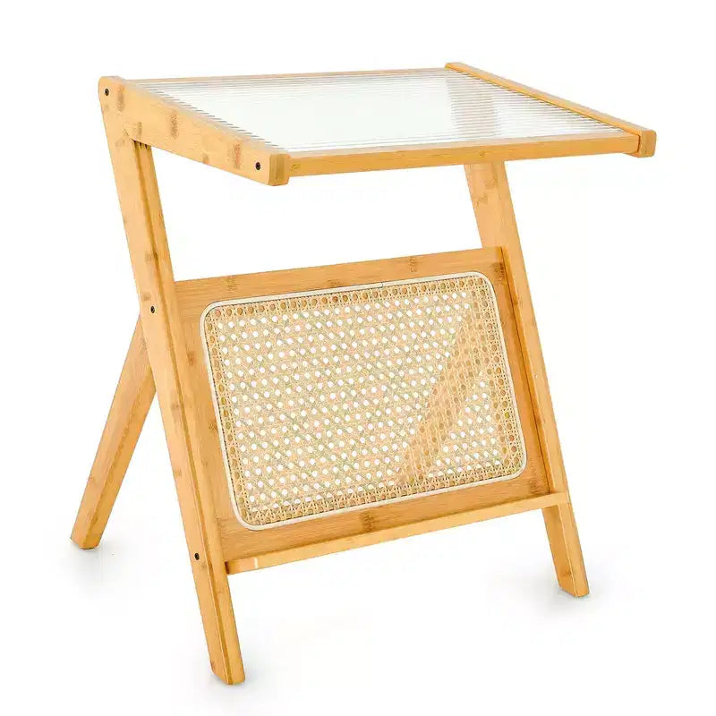 Table d'appoint en rotin Costway Table de chevet d'appoint en bambou avec plateau en verre trempé Noyer/Naturel