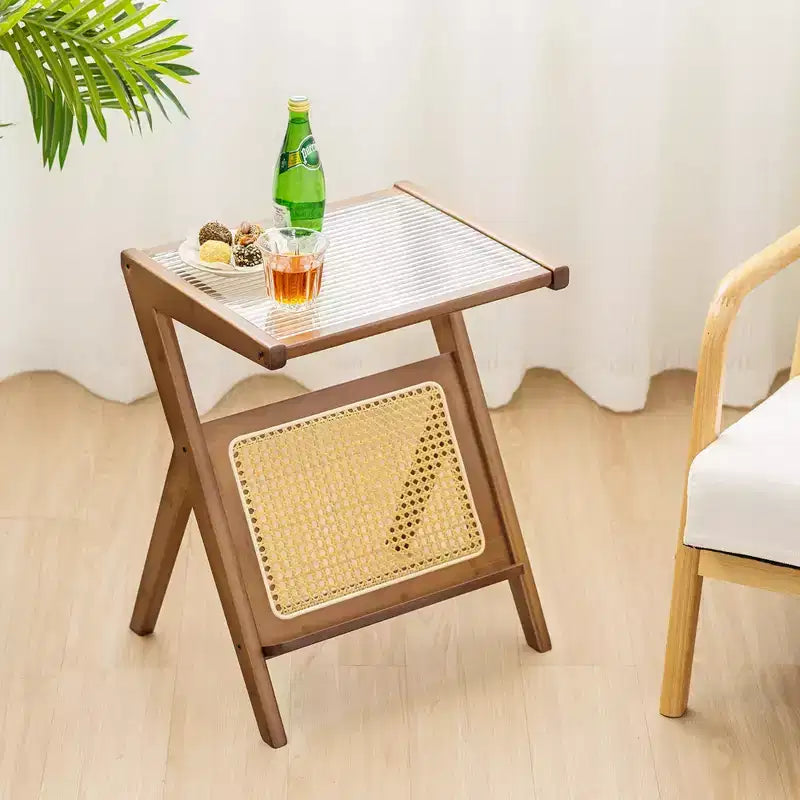 Table d'appoint en rotin Costway Table de chevet d'appoint en bambou avec plateau en verre trempé Noyer/Naturel