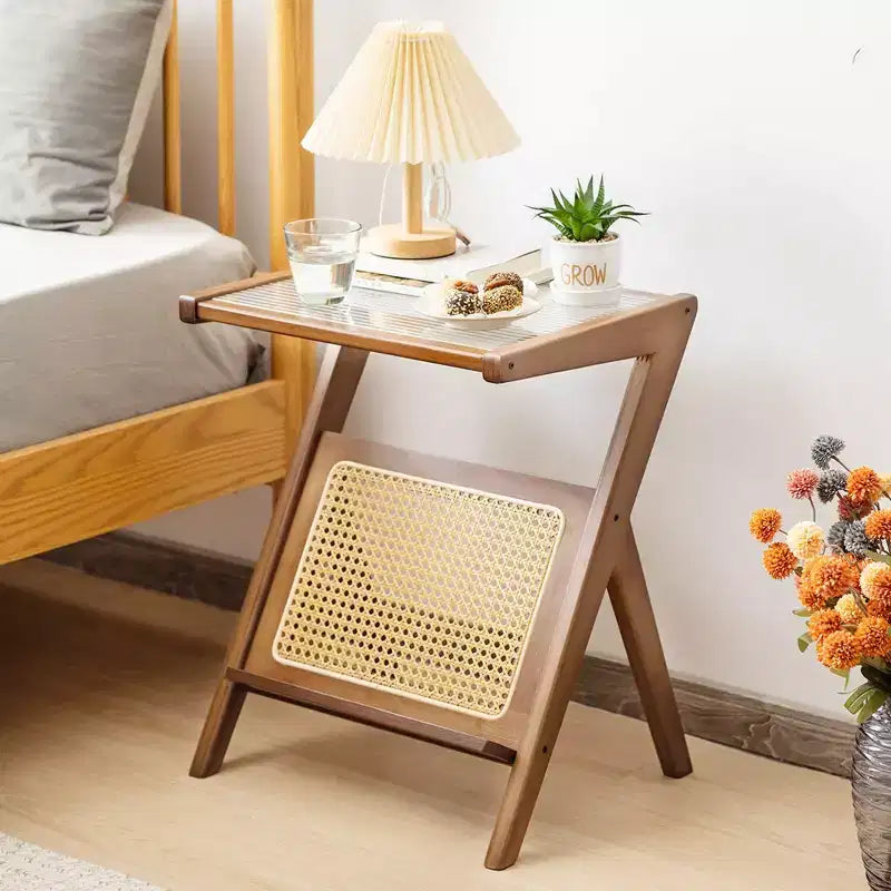 Table d'appoint en rotin Costway Table de chevet d'appoint en bambou avec plateau en verre trempé Noyer/Naturel