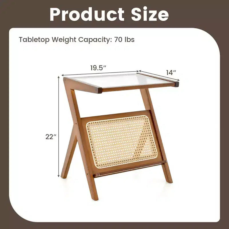 Table d'appoint en rotin Costway Table de chevet d'appoint en bambou avec plateau en verre trempé Noyer/Naturel