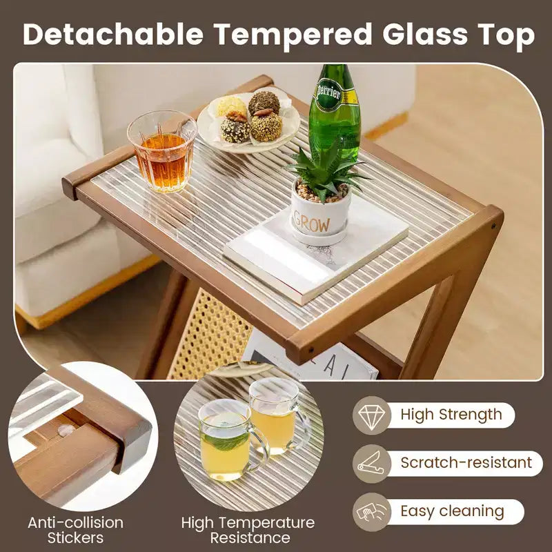 Table d'appoint en rotin Costway Table de chevet d'appoint en bambou avec plateau en verre trempé Noyer/Naturel