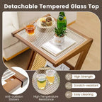Table d'appoint en rotin Costway Table de chevet d'appoint en bambou avec plateau en verre trempé Noyer/Naturel