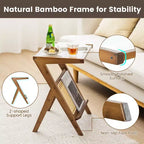 Table d'appoint en rotin Costway Table de chevet d'appoint en bambou avec plateau en verre trempé Noyer/Naturel