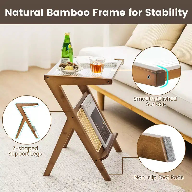 Table d'appoint en rotin Costway Table de chevet d'appoint en bambou avec plateau en verre trempé Noyer/Naturel