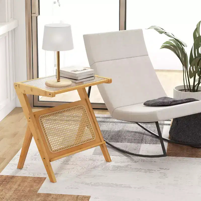Table d'appoint en rotin Costway Table de chevet d'appoint en bambou avec plateau en verre trempé Noyer/Naturel