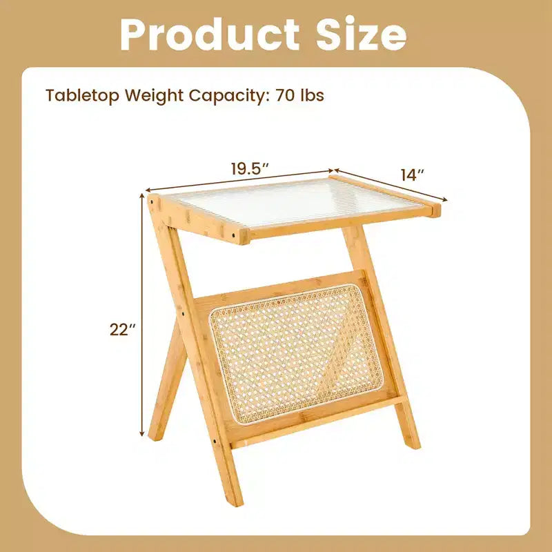 Table d'appoint en rotin Costway Table de chevet d'appoint en bambou avec plateau en verre trempé Noyer/Naturel