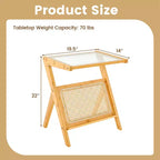 Table d'appoint en rotin Costway Table de chevet d'appoint en bambou avec plateau en verre trempé Noyer/Naturel