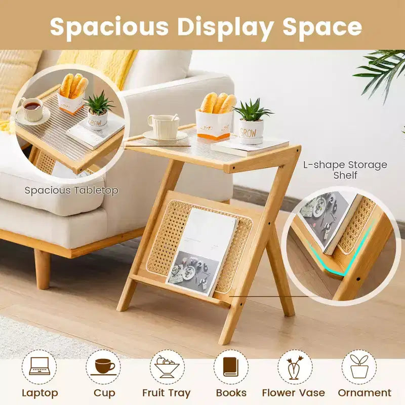 Table d'appoint en rotin Costway Table de chevet d'appoint en bambou avec plateau en verre trempé Noyer/Naturel