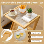 Table d'appoint en rotin Costway Table de chevet d'appoint en bambou avec plateau en verre trempé Noyer/Naturel