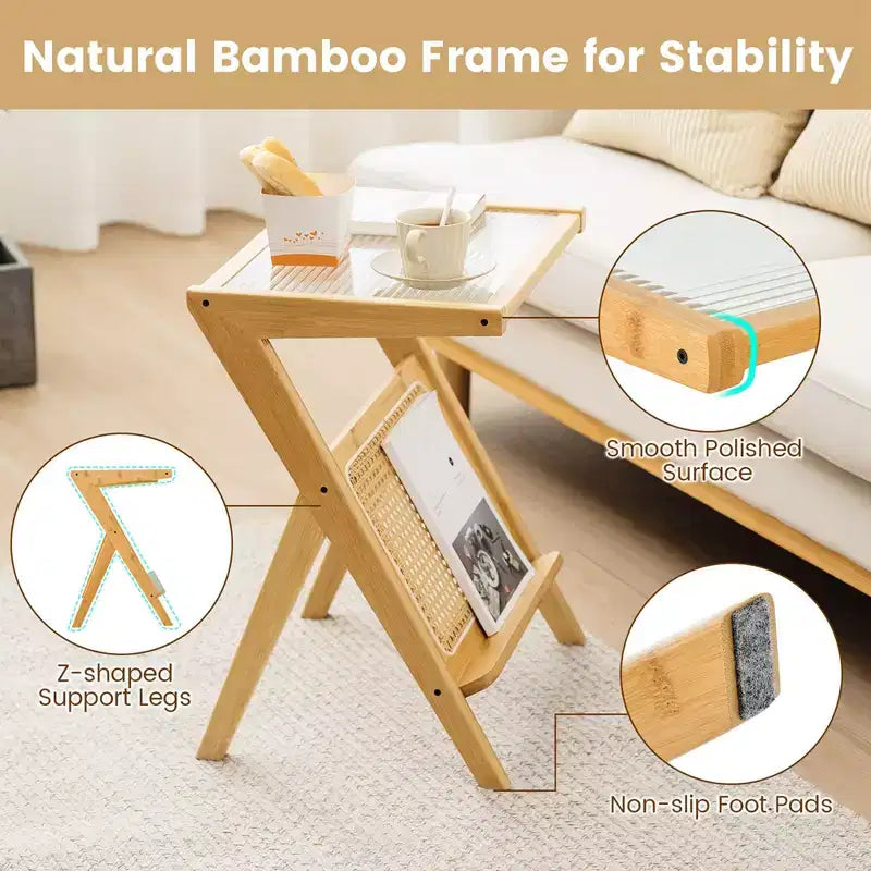 Table d'appoint en rotin Costway Table de chevet d'appoint en bambou avec plateau en verre trempé Noyer/Naturel