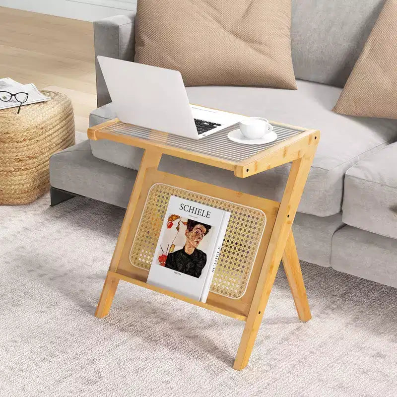 Table d'appoint en rotin Costway Table de chevet d'appoint en bambou avec plateau en verre trempé Noyer/Naturel