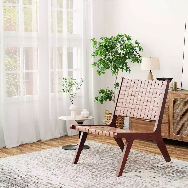 Costway Fauteuil d'appoint en cuir tressé, fauteuil d'appoint sans accoudoirs en bois d'hévéa, style milieu du siècle