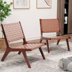 Costway Fauteuil d'appoint en cuir tressé, fauteuil d'appoint sans accoudoirs en bois d'hévéa, style milieu du siècle