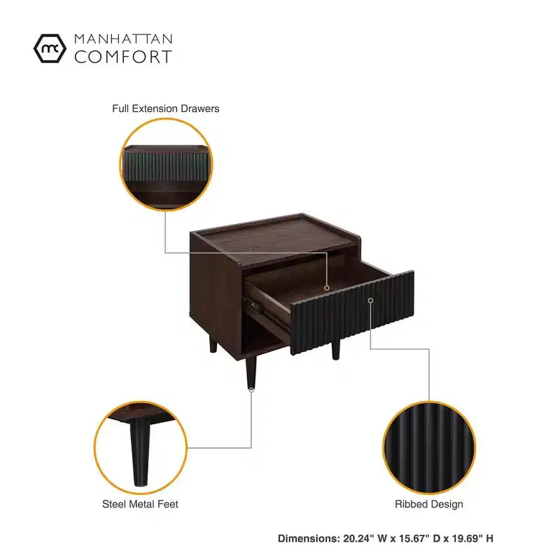 Table de chevet Duane moderne côtelée avec tiroir - Manhattan Comfort