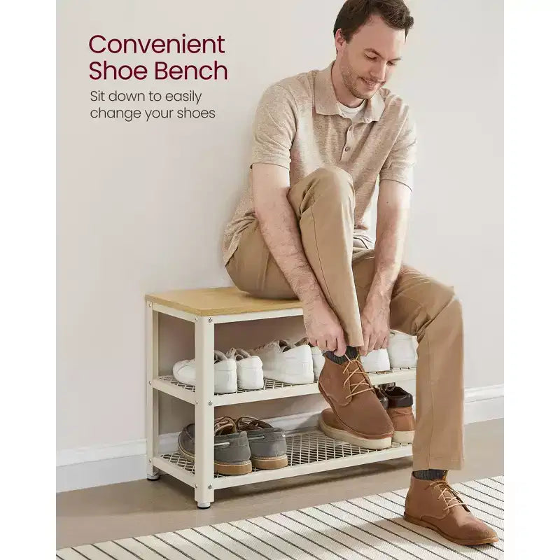 28.7 Banc à chaussures 3 niveaux avec étagères en maille métallique et siège Rangement pour chaussures
