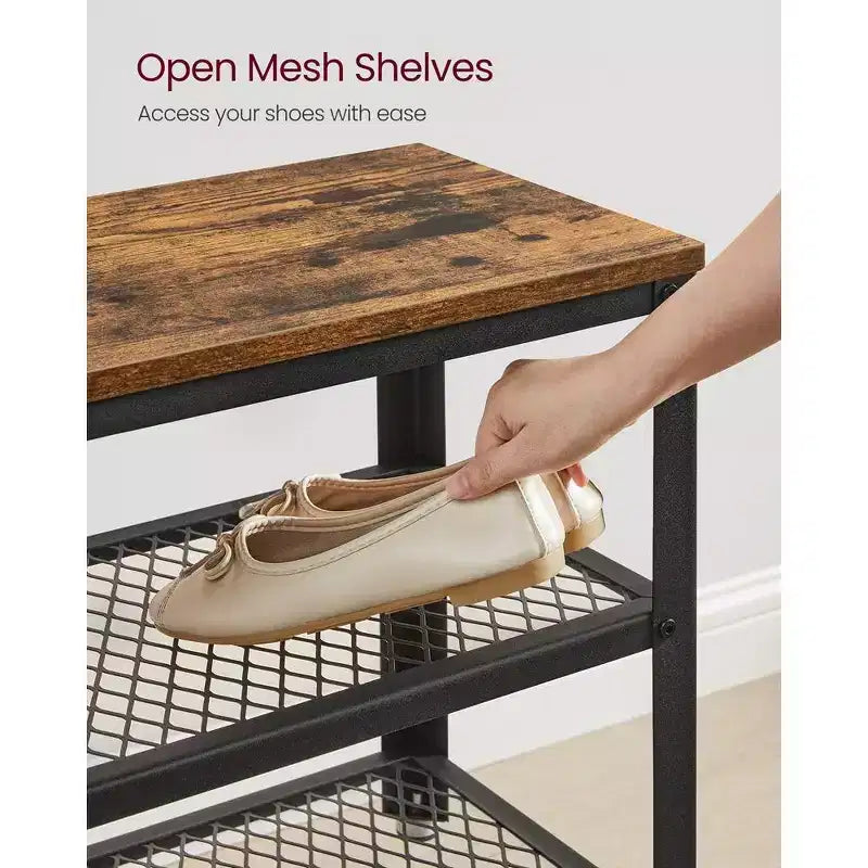 28.7 Banc à chaussures 3 niveaux avec étagères en maille métallique et siège Rangement pour chaussures