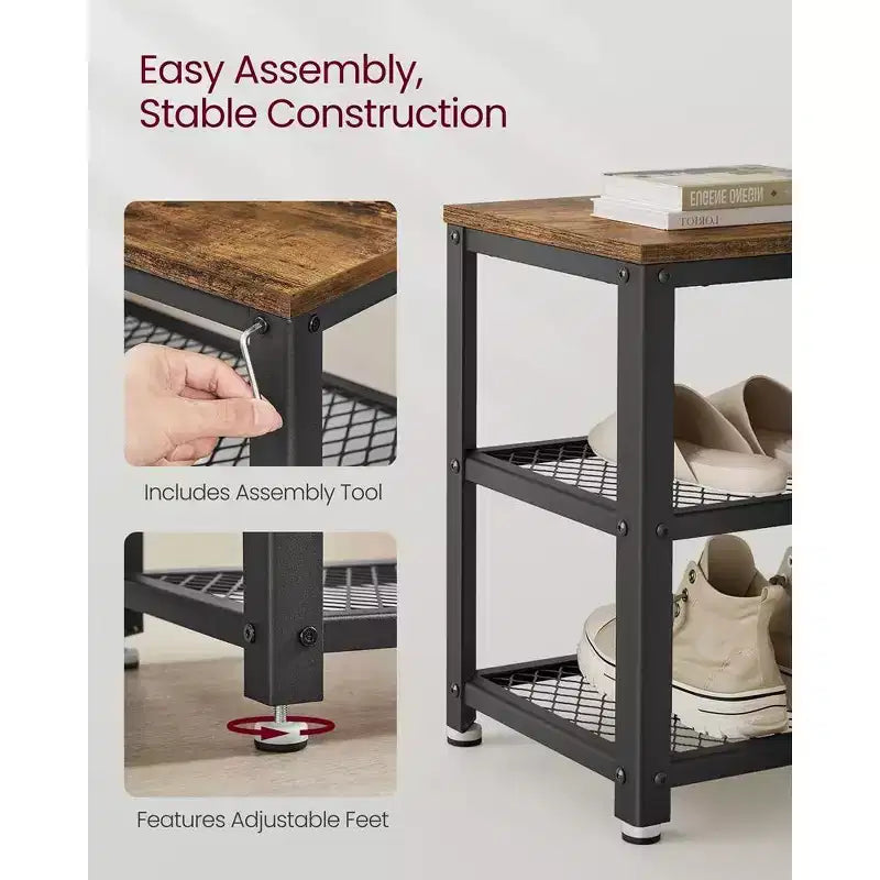 28.7 Banc à chaussures 3 niveaux avec étagères en maille métallique et siège Rangement pour chaussures
