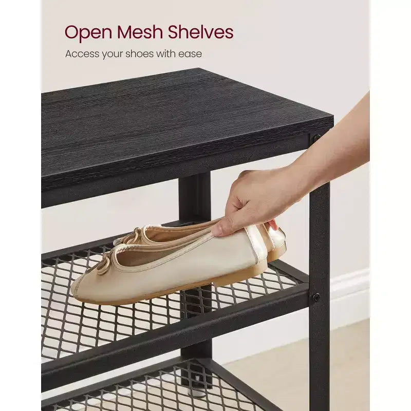 28.7 Banc à chaussures 3 niveaux avec étagères en maille métallique et siège Rangement pour chaussures